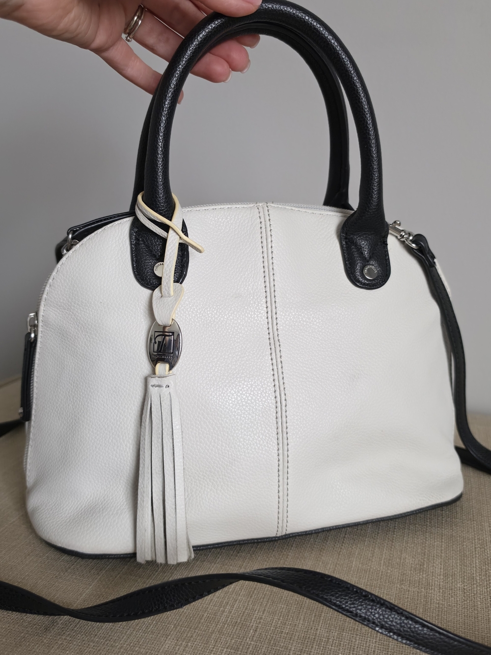 Tignanello White and Black Leather Dome Satchel with Tassel